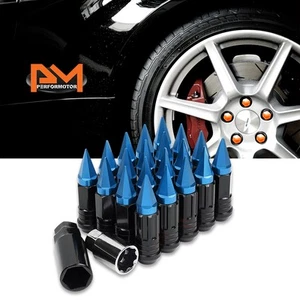 M12X1.5 Blue JDM Cone Wheel Lug Nuts+Spline Locks+Spiked Cap+Key 25mmx75mm 20Pc - Picture 1 of 3