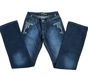 Y2K Vintage John Galliano Denim Jeans Women Leather Flame Embellished Rhinestone - Picture 1 of 16