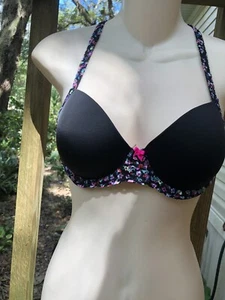 PINK Victoria's Secret 2011 pink and black Padded floral Push-Up Bra Size 34C - Picture 1 of 9