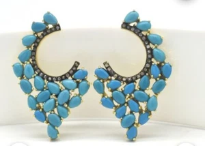 Natural Pave Diamond 925 Sterling Silver Turquoise Gemstone Designer Earring - Picture 1 of 12