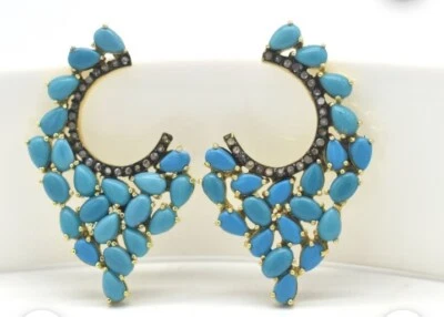 Natural Pave Diamond 925 Sterling Silver Turquoise Gemstone Designer Earring - Image 1 of 4