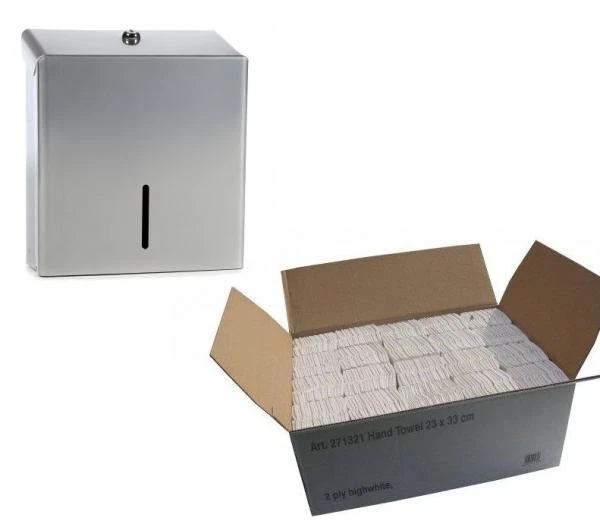METAL Silver C Fold Paper Hand Towel Dispenser & FULL CASE Luxury PAPER White