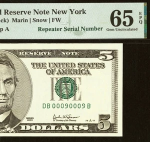 2003 $5 Federal Reserve Note PMG 65EPQ Gem fancy repeater serial number 00090009 - Picture 1 of 3