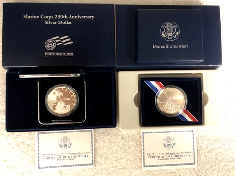 Complete Set (2) of 2005 Marine Corps Prf/Unc Commemorative Silver Dollars OGP Cover