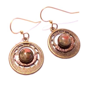 Boho Inspired Brass Tone Unakite Drop Earrings - Picture 1 of 5