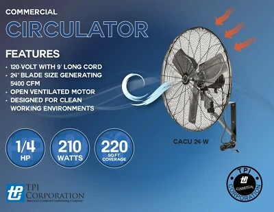 TPI CACU24-W 24" Commercial Air Circulator Wall Mount 3400/3100/2800 CFM 120V - Image 1 of 4