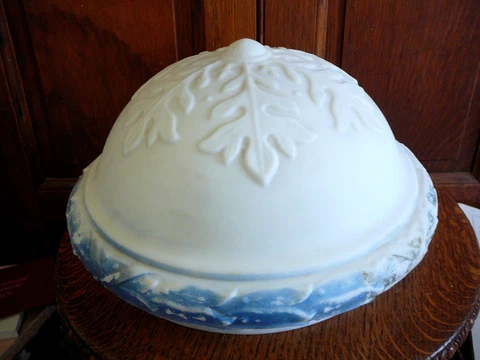 ANTIQUE VICTORIAN 1890s WHITE MILK GLASS 12" SHADE SNOWFLAKE or LEAF PATTERN Cover