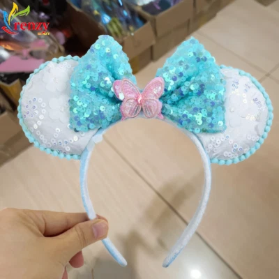 Vestido diadema orejas de Mickey Minnie Mouse mariposa azul y blanco lentejuelas flor Foto 1 de 4