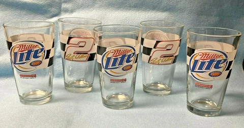 Set of 5 Rusty Wallace #2 Nascar Miller Lite Racing Beer Glasses *Pint Checkered Cover