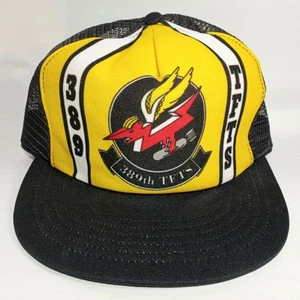 Vtg. 389 TFTS Hat Cap Snapback Trucker Mesh USAF U.S. Air Force Black Yellow - Picture 1 of 8