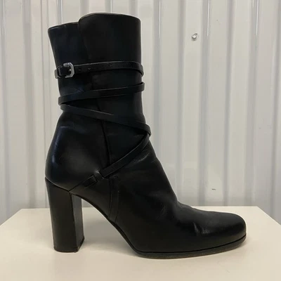 Jil Sander Black Leather Belted Ankle Wrap Block Heel Boots Women’s 37.5/US 7.5 - Image 1 of 4