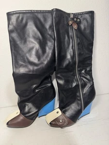 Damen Mädchen Kniestiefel Leder hoher Keilabsatz spitz zulaufend plattiert Reißverschluss Laufsteg warm - Bild 1 von 8