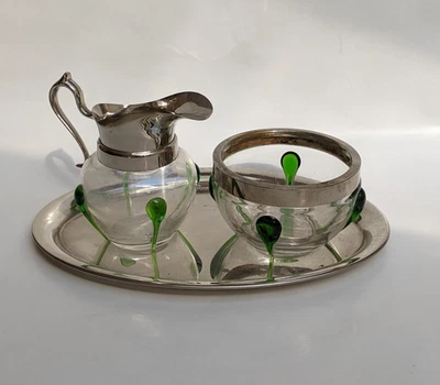 Kännchen Schale Tablett antik Jugendstil ≈ 1900 Aufschmelzungen grün Glas Metall - Bild 1 von 4