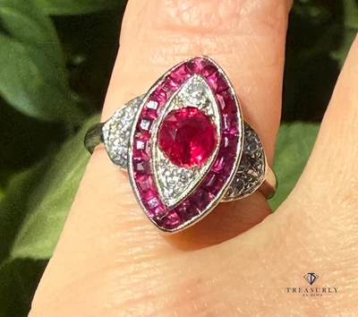 Art Deco GIA Burma Pigeon Blood Ruby and Diamond Platinum Vintage Ring, 1930s - Image 1 of 4