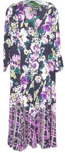 Lola P Womens Floral Boho Dress Size M Black Floral Sheer V-Neck Midi 3/4 Sleeve - Picture 1 of 11