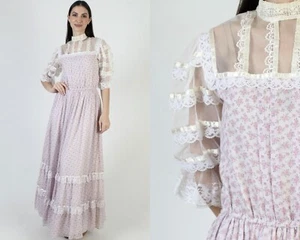 Vtg Gunne Sax Calico Dress Violet Sheer Lace Slv ottage Prairie Maxi Boho 9 - Picture 1 of 8