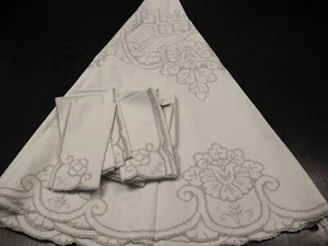 66" Round Linen Tablecloth & 8 Napkins Embroidered Pulled Thread - Picture 1 of 9