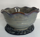 WCL Pottery Bowl Iridescent Blue Glaze Ridge Lines, vintage ruffle edges