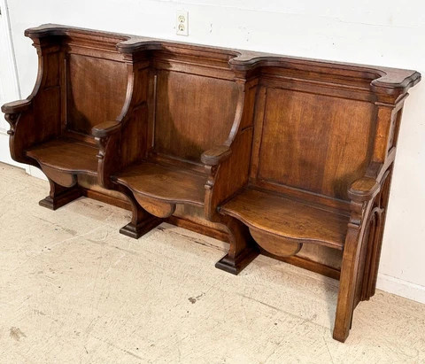 Antique French Gothic Revival Oak Wood Church Choir Bench/Chair Cover