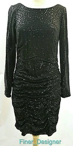 Cache Dress Black Knit mesh Sequins Ruched stretch LBD sexy long slv 12 NEW VTG - Picture 1 of 6