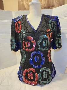 Vintage Stenay Sz L Sequin Chiffon Beaded 100% Silk Blouse Black Red Party Boho  - Picture 1 of 10