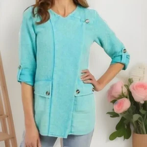 Blazer leggero donna SOFT ENVIRONMENT Shacket piccolo turchese 100% cotone - Foto 1 di 13