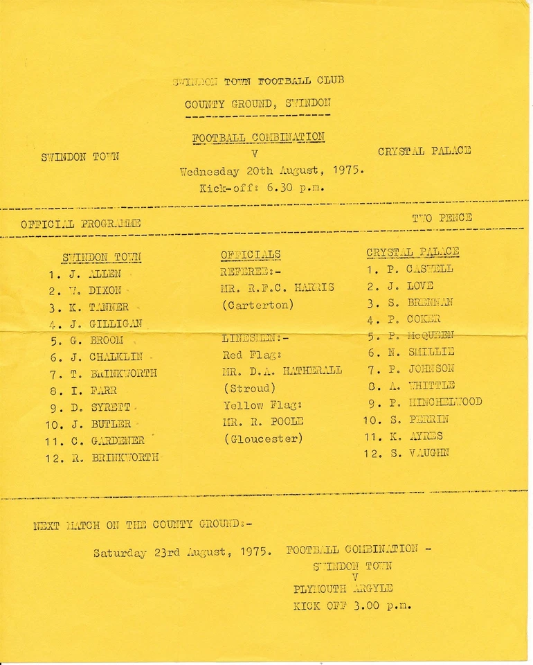 Swindon Town Reserves v Crystal Palace (Combination) 1975/1976 - Image 1 of 1