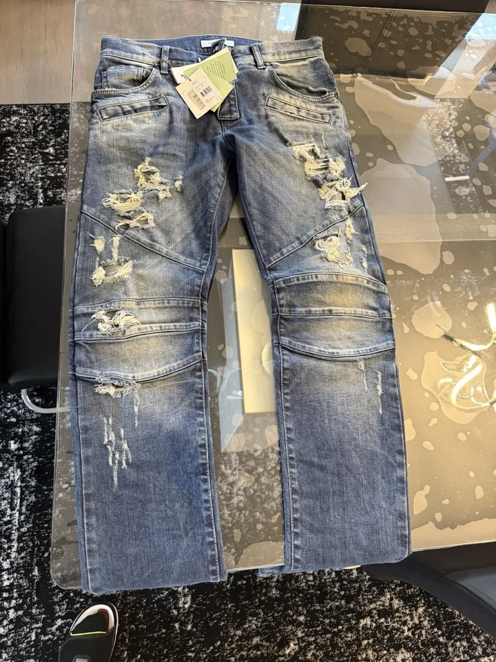 Pierre Balmain Distressed Denim Blue Biker Moto Jeans - Image 1 of 4