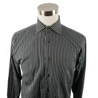 Pronto Uomo 男式 80 年代 2 层非铁纽扣黑色条纹正装衬衫 M — 第 1/4 张图片