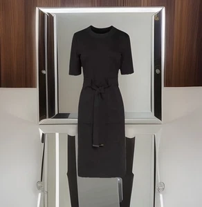 NEW NEXT Size 20 Petite Black Stretchy Ponte Bodycon Belted Dress Short Sleeve - Picture 1 of 12