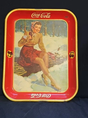 Original 1941 Coca Cola Tin Lithographed Advertising Tray w/ Lady Ice Skater - Image 1 of 4