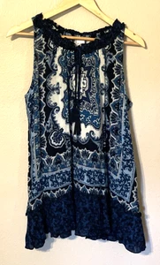 Neu mit Etikett Bila gold blau weiß Paisley ärmelloses Tanktop Shirt Größe L asymmetrisch - Bild 1 von 7