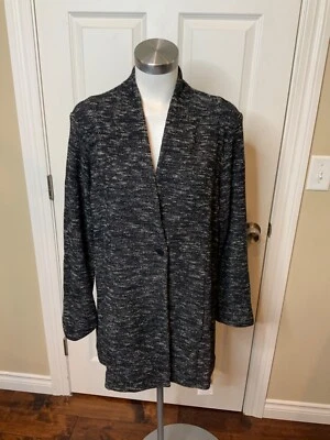 Chaqueta Larga Eileen Fisher Tejida Moteada Negra Blanca, Talla L Foto 1 de 4