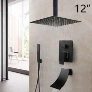 Black 12" Ceiling Mount Rain Shower Head Mixer Valve Tub Spout Hand Shower Taps - Picture 1 of 12