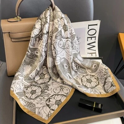100% Mulberry Silk Square Scarf Women Neckerchief Wrap Brown White Flower 68*68 - Image 1 of 4