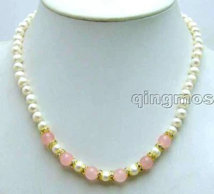 SALE 6-7mm natural white Pearl and 8mm Round Pink Jade 17" Necklace-nec5834 - Picture 1 of 3