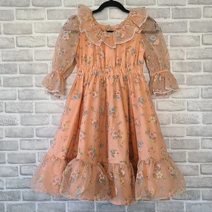 Vintage Mädchen Blumen gepunktet Schweizer Rüschen Kleid Vollkreis transparente Ärmel Spitze - Bild 1 von 11