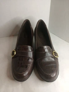 Clarks Bendables Shoes Dark Brown Leather Croco Slip On Loafers W/Buckle Sz 10 - Picture 1 of 8