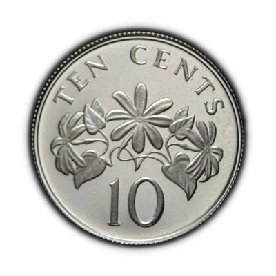 SINGAPORE. 1987, 10 Cents, Silver - Lion Tiger, Indian Star Jasmine Flowers RARE - Image 1 of 3