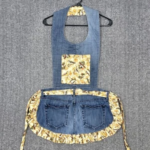 Handmade Upcycled Denim Apron Womens One Size Blue Jean Bib Long Ties Brid Print - Picture 1 of 11