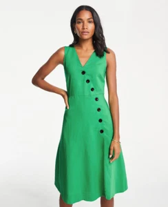 Vestido Ann Taylor con botones laterales mezcla de lino destellos, verde, talla 12, nuevo con etiquetas - Imagen 1 de 12