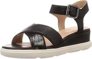 £100 GEOX D PISA D BLACK WHITE REAL LEATHER LOW WEDGE SANDALS SHOES SIZE 7 40 BN - Picture 1 of 6