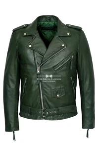 Chaqueta de cuero verde BRANDO para hombre Motociclista Moda Chaqueta de cuero Napa real SR-MBF - Imagen 1 de 8