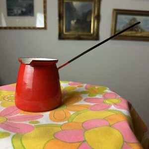 VINTAGE Yugoslavian Red Orange Enamelware Turkish Coffee Pot Melting Butter 2” - Picture 1 of 4