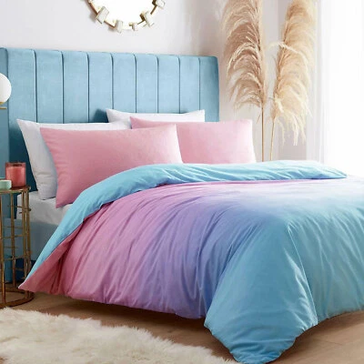 Rainbow Ombre Stripe Pastel Pink Purple Multi Easycare Duvet Quilt Cover Set - Image 1 of 3