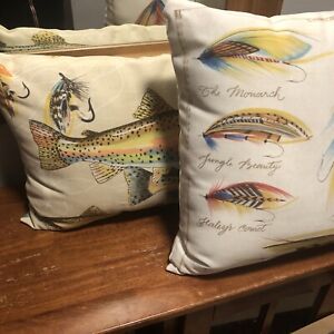 POTTERY BARN Pillow Set Fishing Cabin Lodge Fly Fishing Trout Rare Set of Two