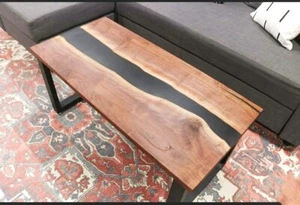 Custom Live Edge Epoxy Black Resin Wooden River Style Dining Office Table Top - Picture 1 of 3