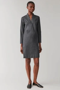 COS Lapel Neck Dress Size UK 6 EU 34 Grey Cotton Blend Shift Minimalist - Picture 1 of 11