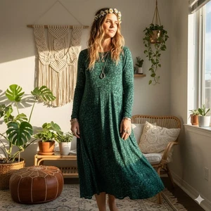 Boden Midi Dress Womens Petite US 12P UK 16P Green Floral Print L/S Boho Cottage - Picture 1 of 10