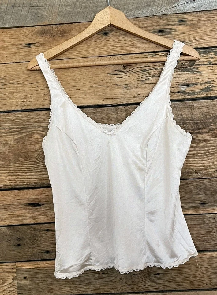 Womens White Satin Lace Trim Slip Top Sleeveless Camisole Romantic Lingerie Look - Image 1 of 1